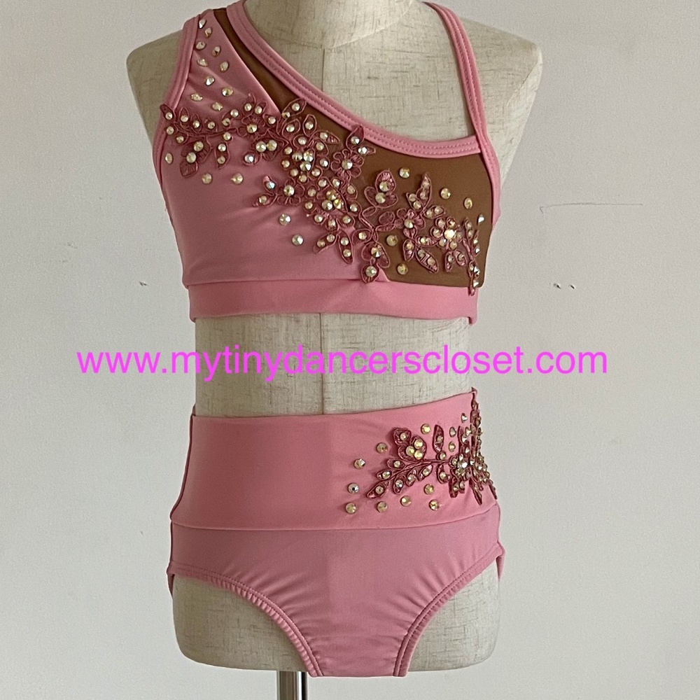 Dance Costume - CH MED - Pink 2 piece with stones and flowers